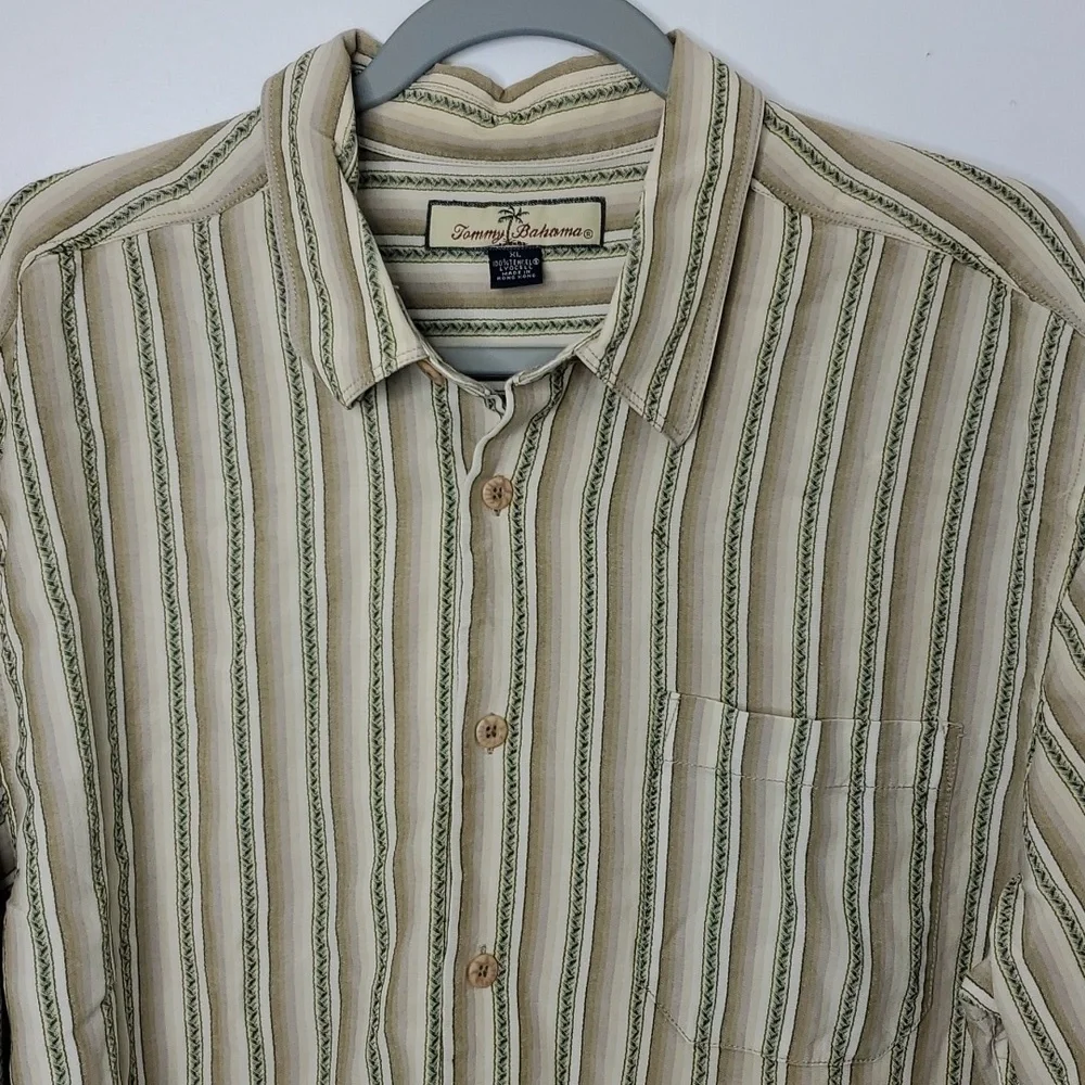 Tommy Bahama Button Down Shirt Vertical Striping Collar Island Tan Mens XL - Picture 2 of 10